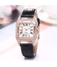 6 Colors Available Rhinestone Embellished Roman Numerals Vintage Index Design Square Wrist Watch