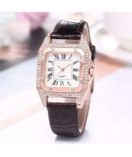 6 Colors Available Rhinestone Embellished Roman Numerals Vintage Index Design Square Wrist Watch