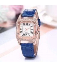 6 Colors Available Rhinestone Embellished Roman Numerals Vintage Index Design Square Wrist Watch
