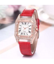 6 Colors Available Rhinestone Embellished Roman Numerals Vintage Index Design Square Wrist Watch