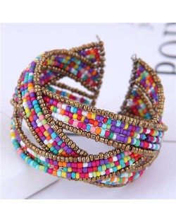 Bohemian Fashion Mini Beads Open-end Ball Shape Women Costume Bracelet - Multicolor