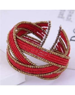 Bohemian Fashion Mini Beads Open-end Ball Shape Women Costume Bracelet - Red