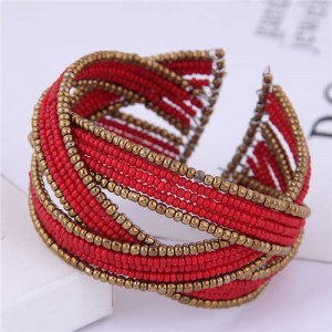 Bohemian Fashion Mini Beads Open-end Ball Shape Women Costume Bracelet - Red
