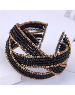 Bohemian Fashion Mini Beads Open-end Ball Shape Women Costume Bracelet - Black