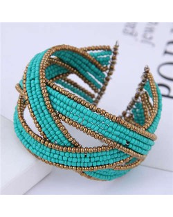 Bohemian Fashion Mini Beads Open-end Ball Shape Women Costume Bracelet - Teal