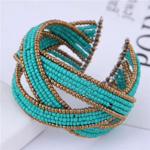 Bohemian Fashion Mini Beads Open-end Ball Shape Women Costume Bracelet - Teal