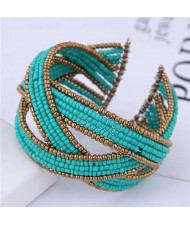 Bohemian Fashion Mini Beads Open-end Ball Shape Women Costume Bracelet - Teal