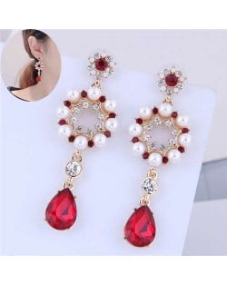 Artificial Pearl Rhinestone Embellished Sweet Floral Design Dangling Waterdrop Women Fashion Earrings