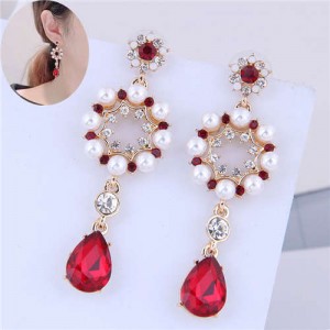 Artificial Pearl Rhinestone Embellished Sweet Floral Design Dangling Waterdrop Women Fashion Earrings