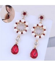 Artificial Pearl Rhinestone Embellished Sweet Floral Design Dangling Waterdrop Women Fashion Earrings