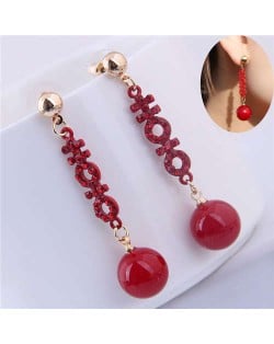 Red Rhinestone Decorated Dangling Bead Ball Design High Fashion Women Earrings