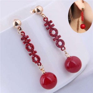 Red Rhinestone Decorated Dangling Bead Ball Design High Fashion Women Earrings