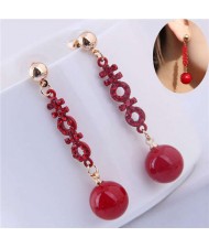 Red Rhinestone Decorated Dangling Bead Ball Design High Fashion Women Earrings