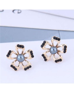 Rhinestone Embellished Hollow Flower Design Women Earrings