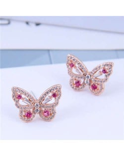 Cubic Zirconia Embellished Graceful Butterfly Design Women Earrings - Rose Gold