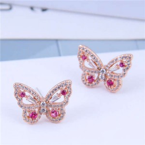Cubic Zirconia Embellished Graceful Butterfly Design Women Earrings - Rose Gold