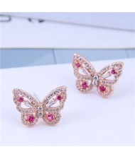 Cubic Zirconia Embellished Graceful Butterfly Design Women Earrings - Rose Gold