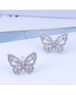 Cubic Zirconia Embellished Graceful Butterfly Design Women Earrings - Silver