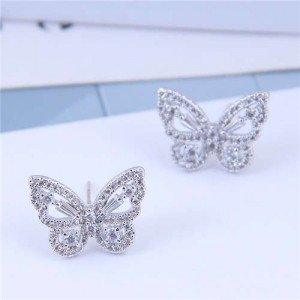 Cubic Zirconia Embellished Graceful Butterfly Design Women Earrings - Silver