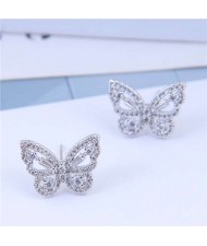 Cubic Zirconia Embellished Graceful Butterfly Design Women Earrings - Silver