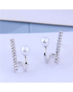 Cubic Zirconia and Pearl Embellished Elegant High Fashion Design Women Earrings - Silver