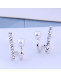 Cubic Zirconia and Pearl Embellished Elegant High Fashion Design Women Earrings - Silver