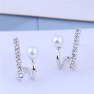 Cubic Zirconia and Pearl Embellished Elegant High Fashion Design Women Earrings - Silver