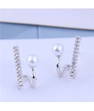 Cubic Zirconia and Pearl Embellished Elegant High Fashion Design Women Earrings - Silver