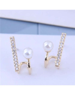 Cubic Zirconia and Pearl Embellished Elegant High Fashion Design Women Earrings - Golden