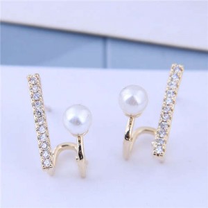 Cubic Zirconia and Pearl Embellished Elegant High Fashion Design Women Earrings - Golden