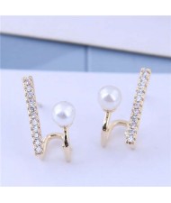 Cubic Zirconia and Pearl Embellished Elegant High Fashion Design Women Earrings - Golden