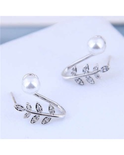 Pearl Inlaid Leaves Design Sweet Korean Fashion Women Statement Earrings - Silver