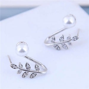 Pearl Inlaid Leaves Design Sweet Korean Fashion Women Statement Earrings - Silver