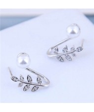 Pearl Inlaid Leaves Design Sweet Korean Fashion Women Statement Earrings - Silver