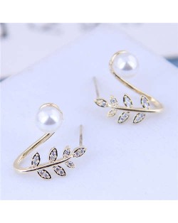 Pearl Inlaid Leaves Design Sweet Korean Fashion Women Statement Earrings - Golden
