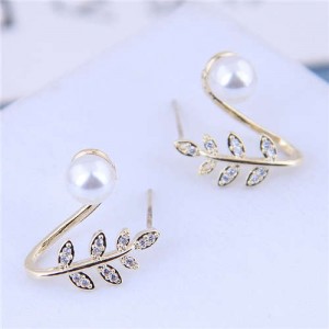 Pearl Inlaid Leaves Design Sweet Korean Fashion Women Statement Earrings - Golden