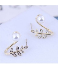 Pearl Inlaid Leaves Design Sweet Korean Fashion Women Statement Earrings - Golden