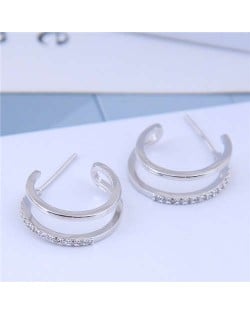 Cubic Zirconia Inlaid Semi-circle Korean Fashion Women Earrings - Silver