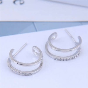 Cubic Zirconia Inlaid Semi-circle Korean Fashion Women Earrings - Silver