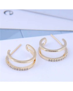 Cubic Zirconia Inlaid Semi-circle Korean Fashion Women Earrings - Golden