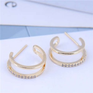Cubic Zirconia Inlaid Semi-circle Korean Fashion Women Earrings - Golden