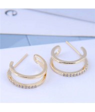 Cubic Zirconia Inlaid Semi-circle Korean Fashion Women Earrings - Golden