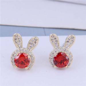 Cubic Zirconia Embellished Rabbit Head Cute Design High Fashion Women Earrings - Gold