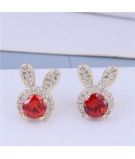 Cubic Zirconia Embellished Rabbit Head Cute Design High Fashion Women Earrings - Gold