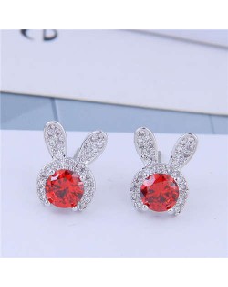 Cubic Zirconia Embellished Rabbit Head Cute Design High Fashion Women Earrings - Silver
