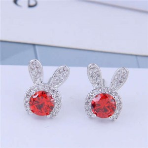 Cubic Zirconia Embellished Rabbit Head Cute Design High Fashion Women Earrings - Silver