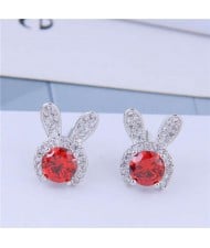 Cubic Zirconia Embellished Rabbit Head Cute Design High Fashion Women Earrings - Silver