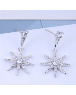 Cubic Zirconia Embellished Shining Star Dangling Design High Fashion Women Earrings - Silver