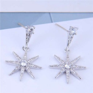 Cubic Zirconia Embellished Shining Star Dangling Design High Fashion Women Earrings - Silver