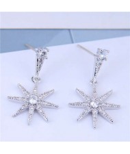 Cubic Zirconia Embellished Shining Star Dangling Design High Fashion Women Earrings - Silver
